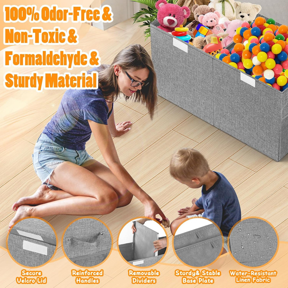 Large Toy Storage Box with Lid & Dividers, Kids Toy Chest, Beige and White