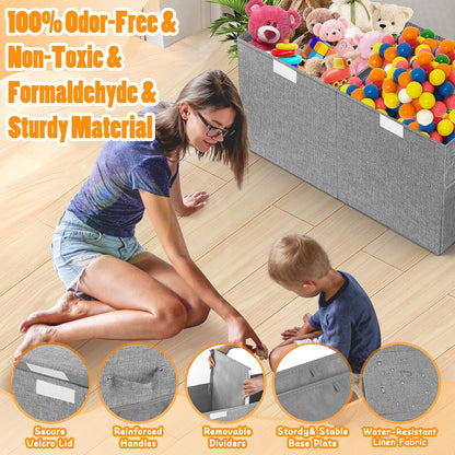 Large Toy Storage Box with Lid & Dividers, Kids Toy Chest, Beige and White