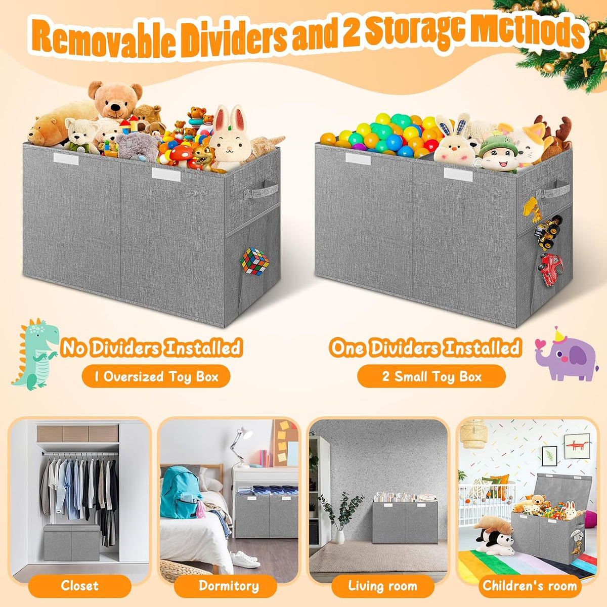 Large Toy Storage Box with Lid & Dividers, Kids Toy Chest, Beige and White