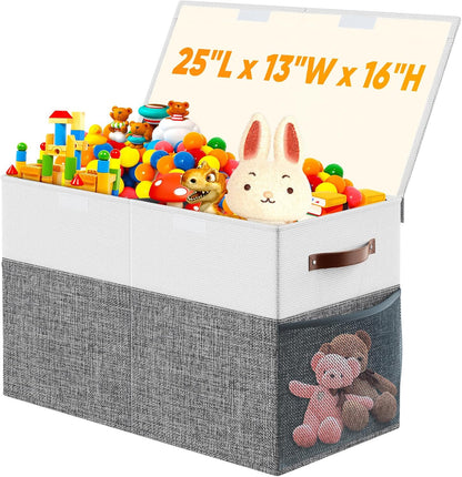 Large Toy Storage Box with Lid & Dividers, Kids Toy Chest, Beige and White