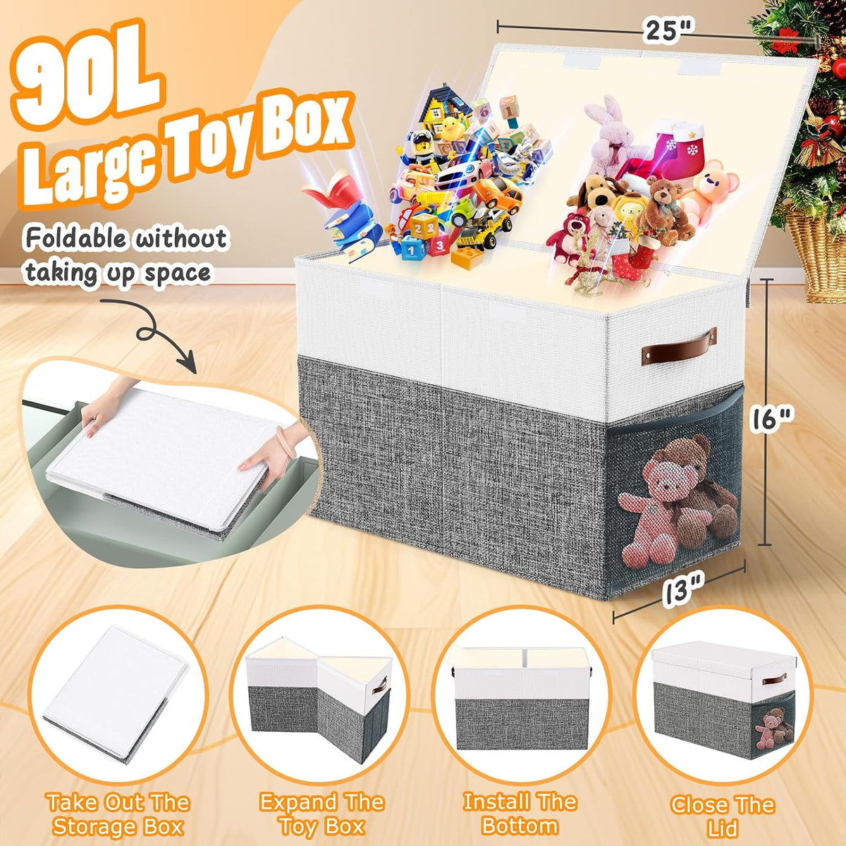 Large Toy Storage Box with Lid & Dividers, Kids Toy Chest, Beige and White