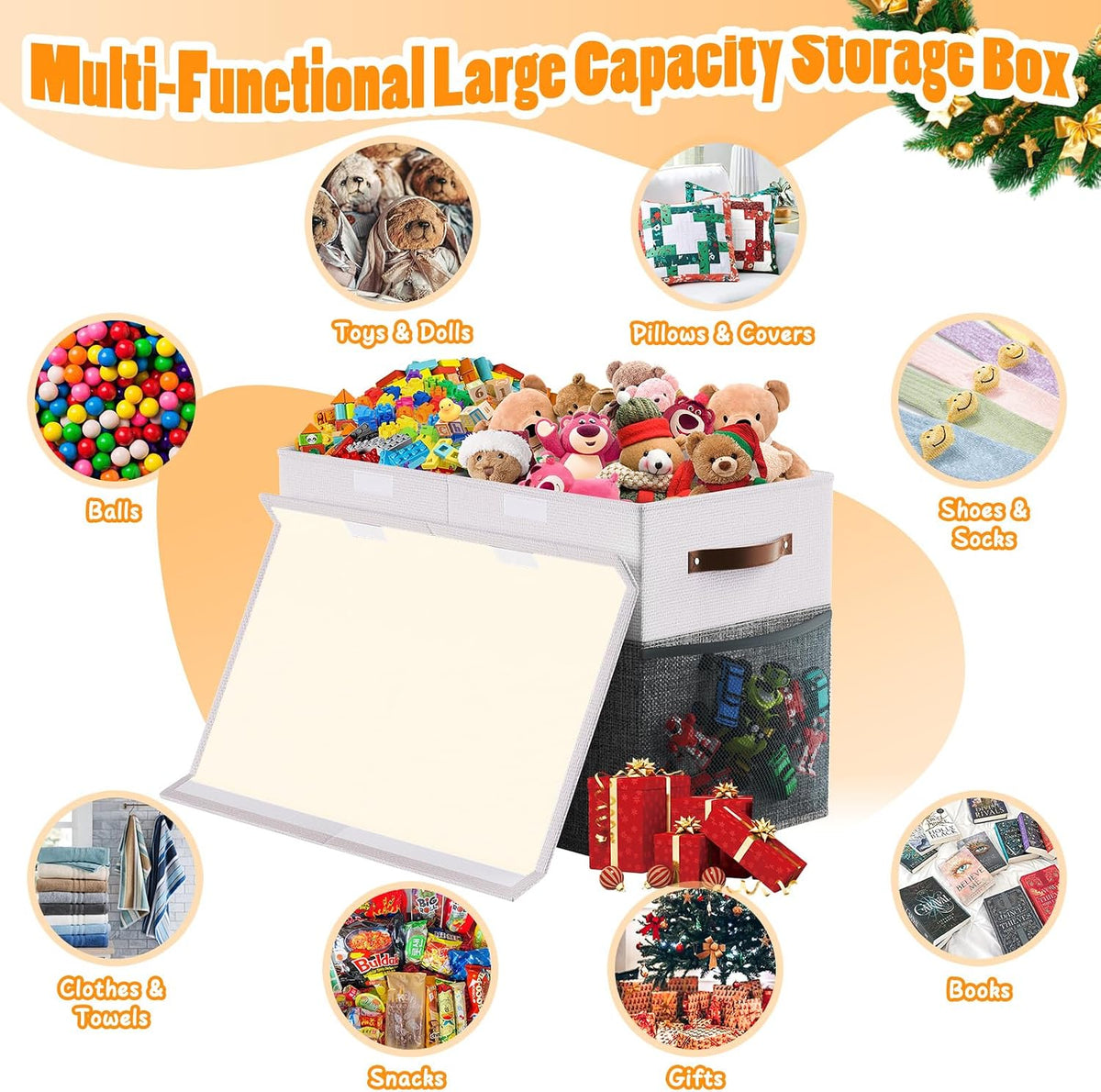 Large Toy Storage Box with Lid & Dividers, Kids Toy Chest, Beige and White