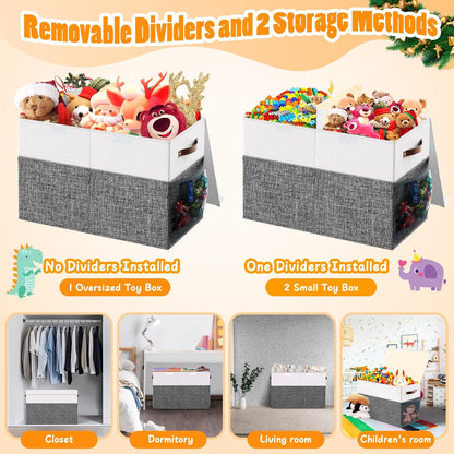 Large Toy Storage Box with Lid & Dividers, Kids Toy Chest, Beige and White