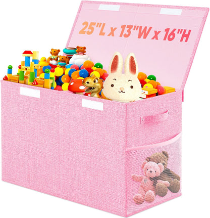 Large Toy Storage Box with Lid & Dividers, Kids Toy Chest, Beige and White