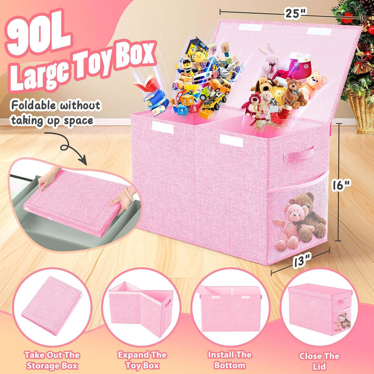 Large Toy Storage Box with Lid & Dividers, Kids Toy Chest, Beige and White
