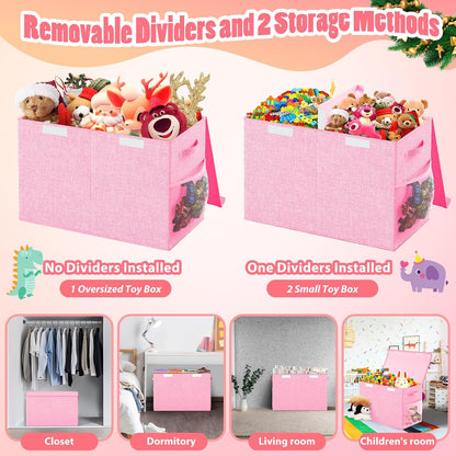 Large Toy Storage Box with Lid & Dividers, Kids Toy Chest, Beige and White
