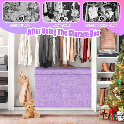 Large Toy Storage Box with Lid & Dividers, Kids Toy Chest, Beige and White