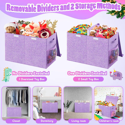 Large Toy Storage Box with Lid & Dividers, Kids Toy Chest, Beige and White