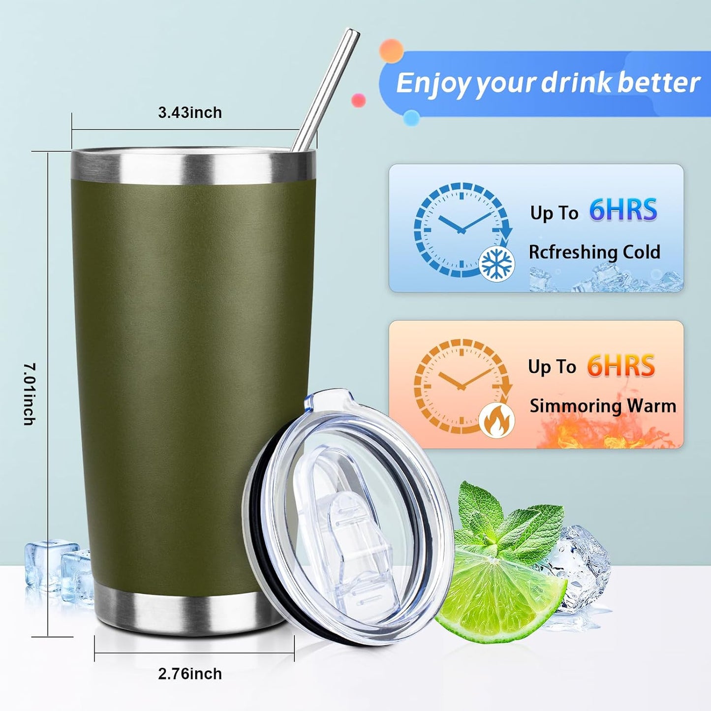 20oz Tumbler with Straw and Brush, Stainless Steel Vacuum Insulated tumbler, Double Wall Insulated Coffee Tumbler for Outdoor, Home, Travel,Office (Matcha Green,1pcs)