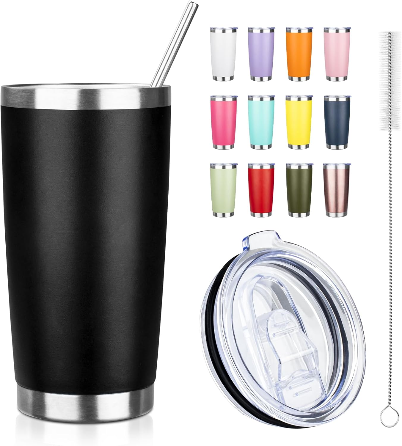 20oz Tumbler with Straw and Brush, Stainless Steel Vacuum Insulated tumbler, Double Wall Insulated Coffee Tumbler for Outdoor, Home, Travel,Office (Matcha Green,1pcs)