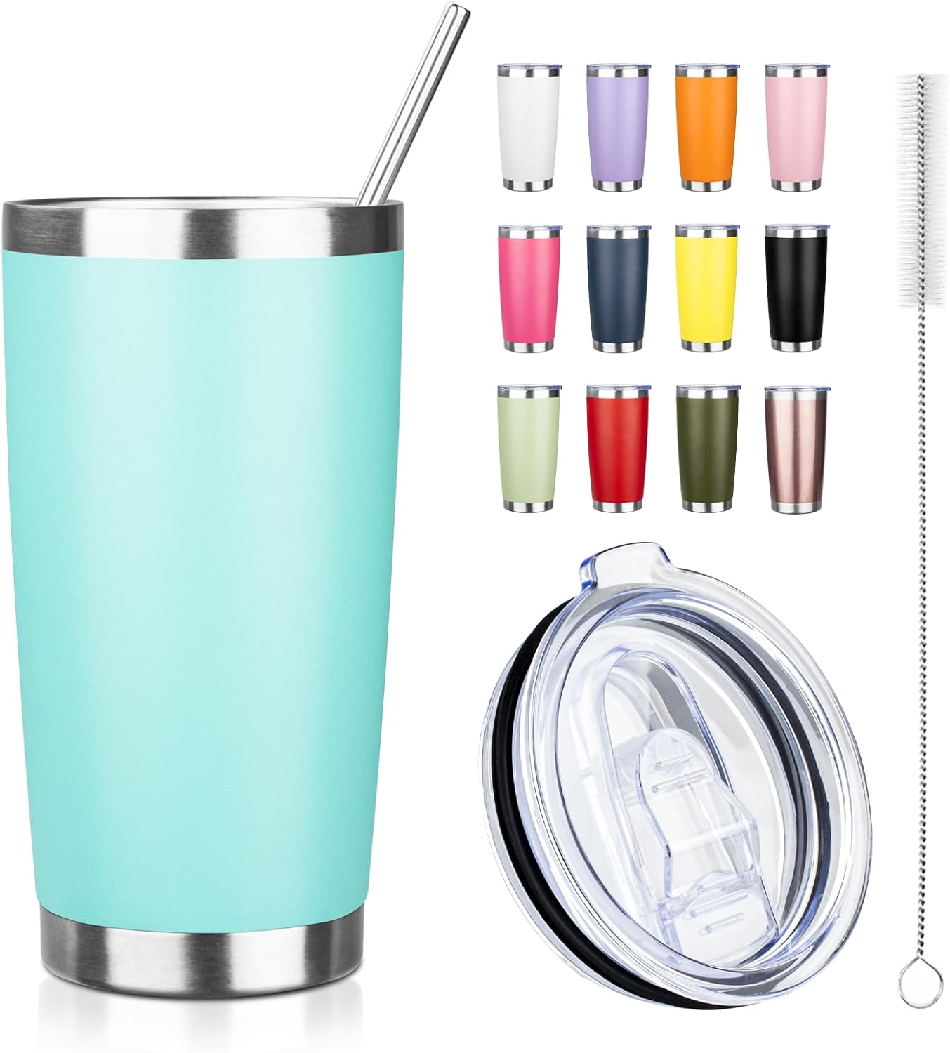 20oz Tumbler with Straw and Brush, Stainless Steel Vacuum Insulated tumbler, Double Wall Insulated Coffee Tumbler for Outdoor, Home, Travel,Office (Matcha Green,1pcs)