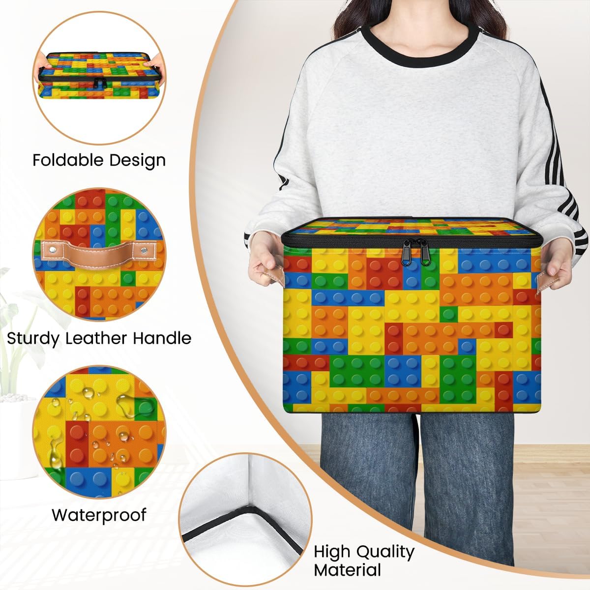 Building Block Storage Basket Collapsible Storage Bins with Lids Canvas Cube Storage Organizer Kid Toys Closet Organizer for Bedroom Bathroom