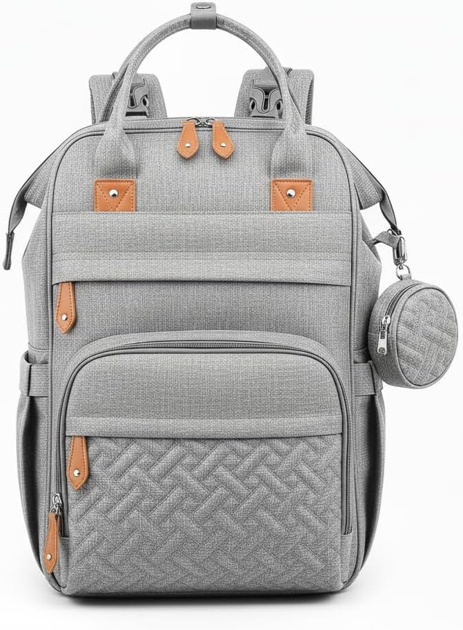 Diaper Bag Backpack Travel Baby Diaper Bag, Insulated Bottle Holders & Pacifier Case, Large Capacity (Light Gray)