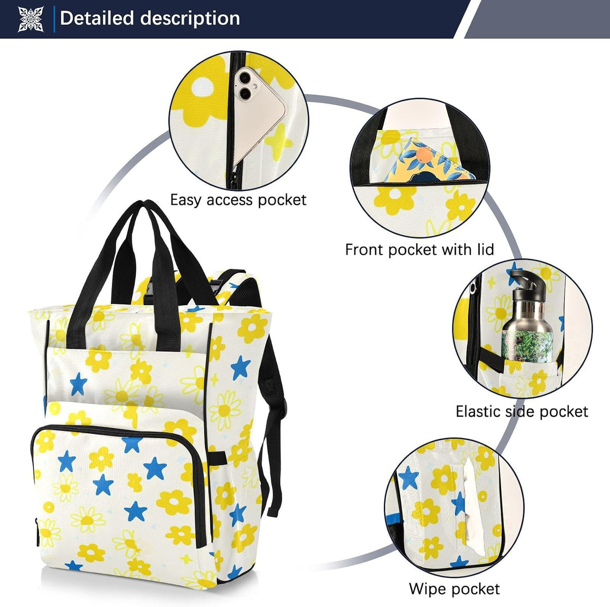 Diaper Bag Backpack, Multifunction Travel Bag for Moms Dads, Baby Changing Bag with Insulted Pockets, Stroller Straps and Side Bottle Pockets Cute Floral Pattern