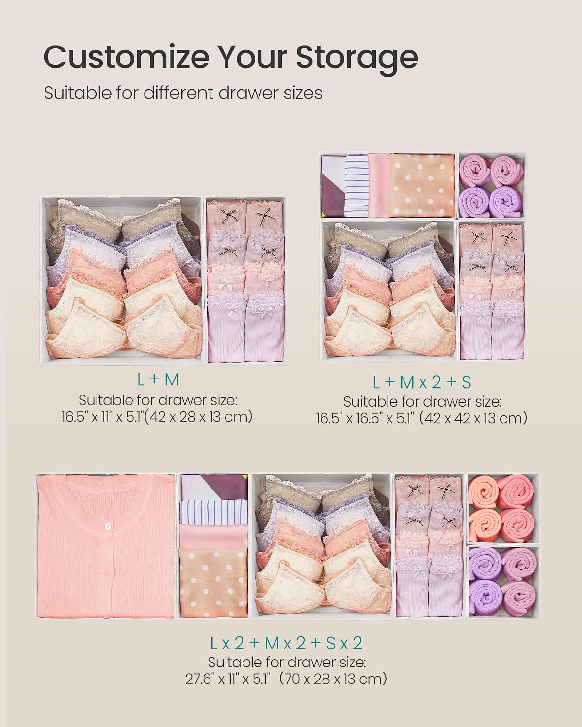 SONGMICS Drawer Organizers, Set of 12, Foldable Fabric Storage Boxes