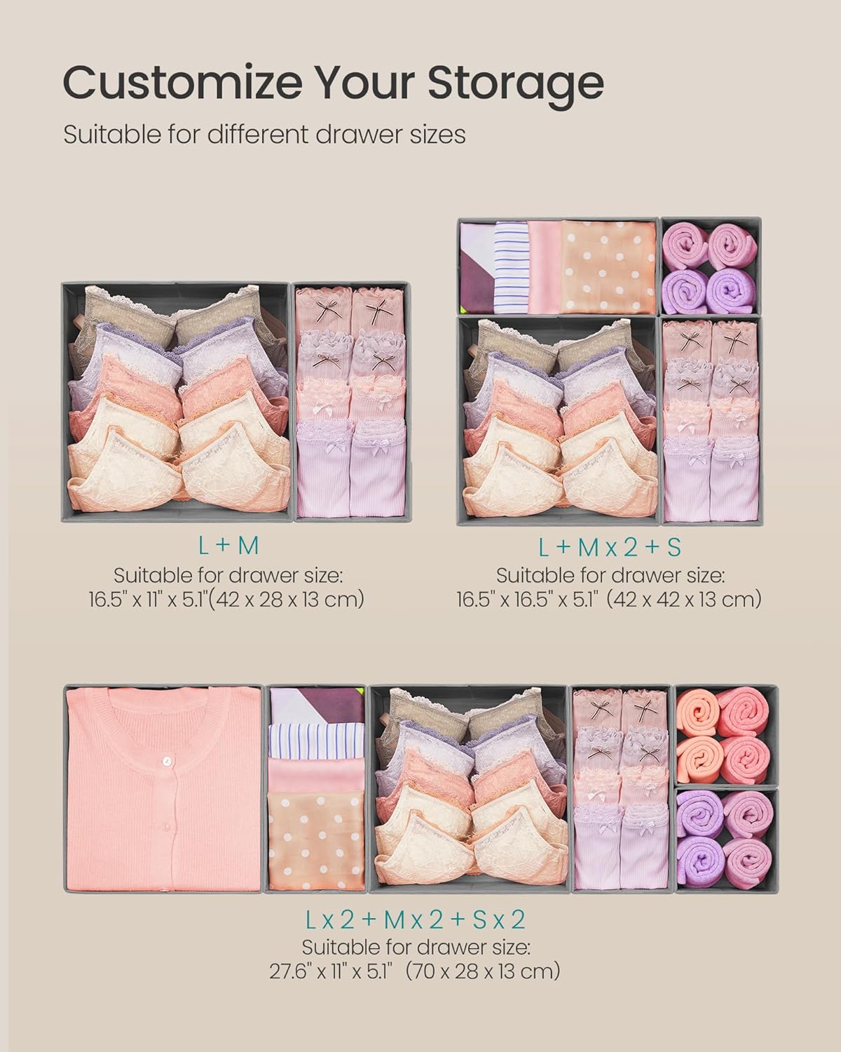 SONGMICS Drawer Organizers, Set of 12, Foldable Fabric Storage Boxes