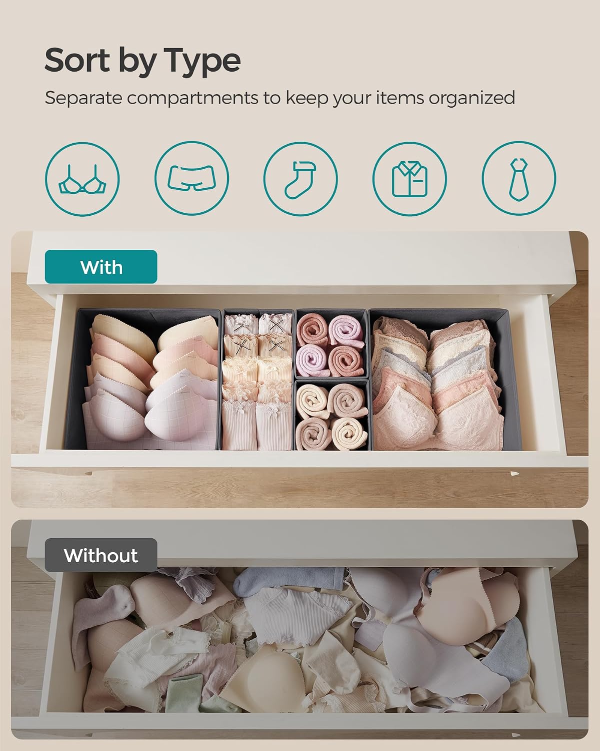 SONGMICS Drawer Organizers, Set of 12, Foldable Fabric Storage Boxes