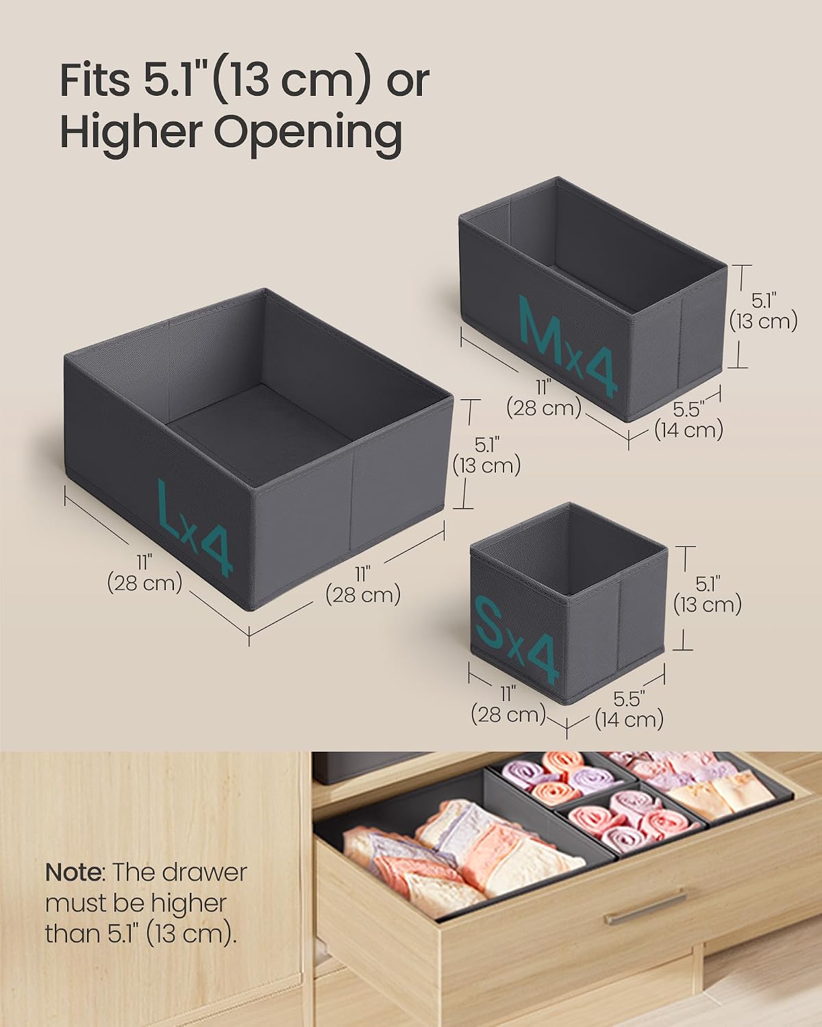 SONGMICS Drawer Organizers, Set of 12, Foldable Fabric Storage Boxes