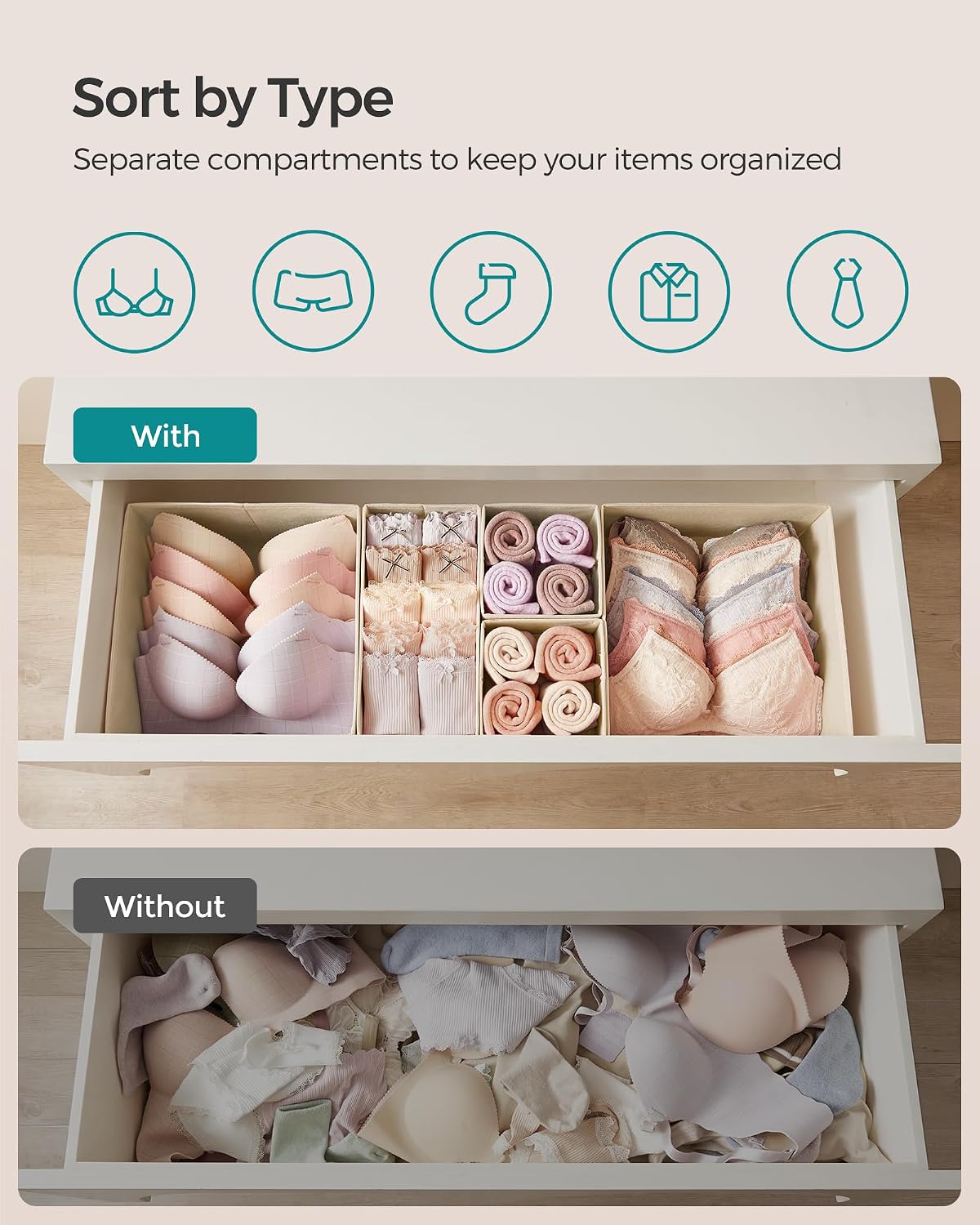 SONGMICS Drawer Organizers, Set of 12, Foldable Fabric Storage Boxes