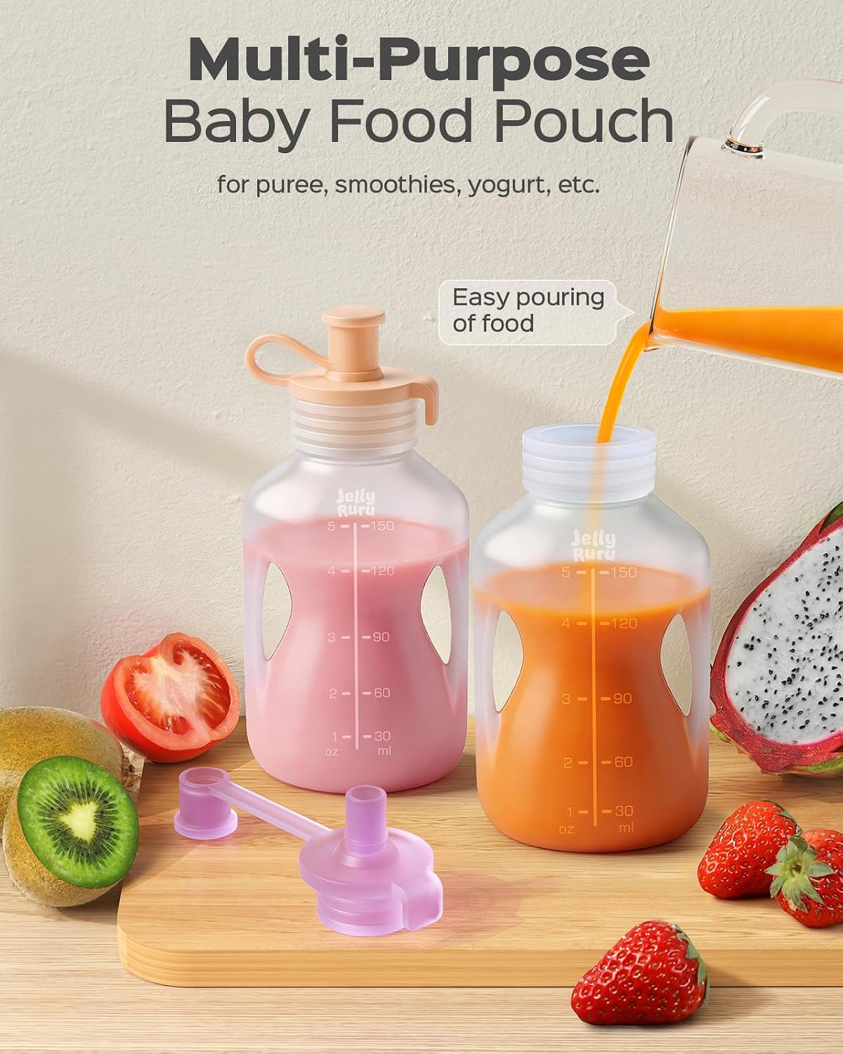 Silicone Reusable Baby Food Pouches, 5oz Squeeze Pouch, 2 Pack