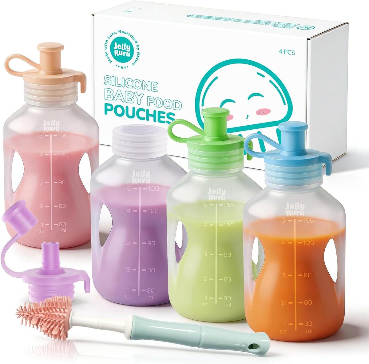 Silicone Reusable Baby Food Pouches, 5oz Squeeze Pouch, 2 Pack