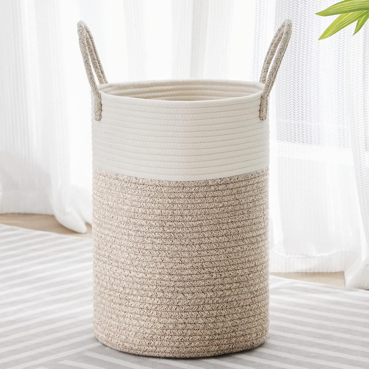 58L Tall Woven Laundry Basket Hamper, White Brown