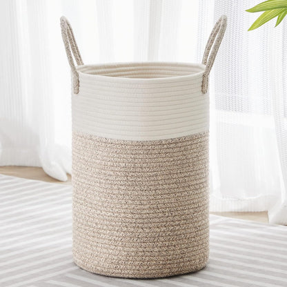 58L Tall Woven Laundry Basket Hamper, White Brown