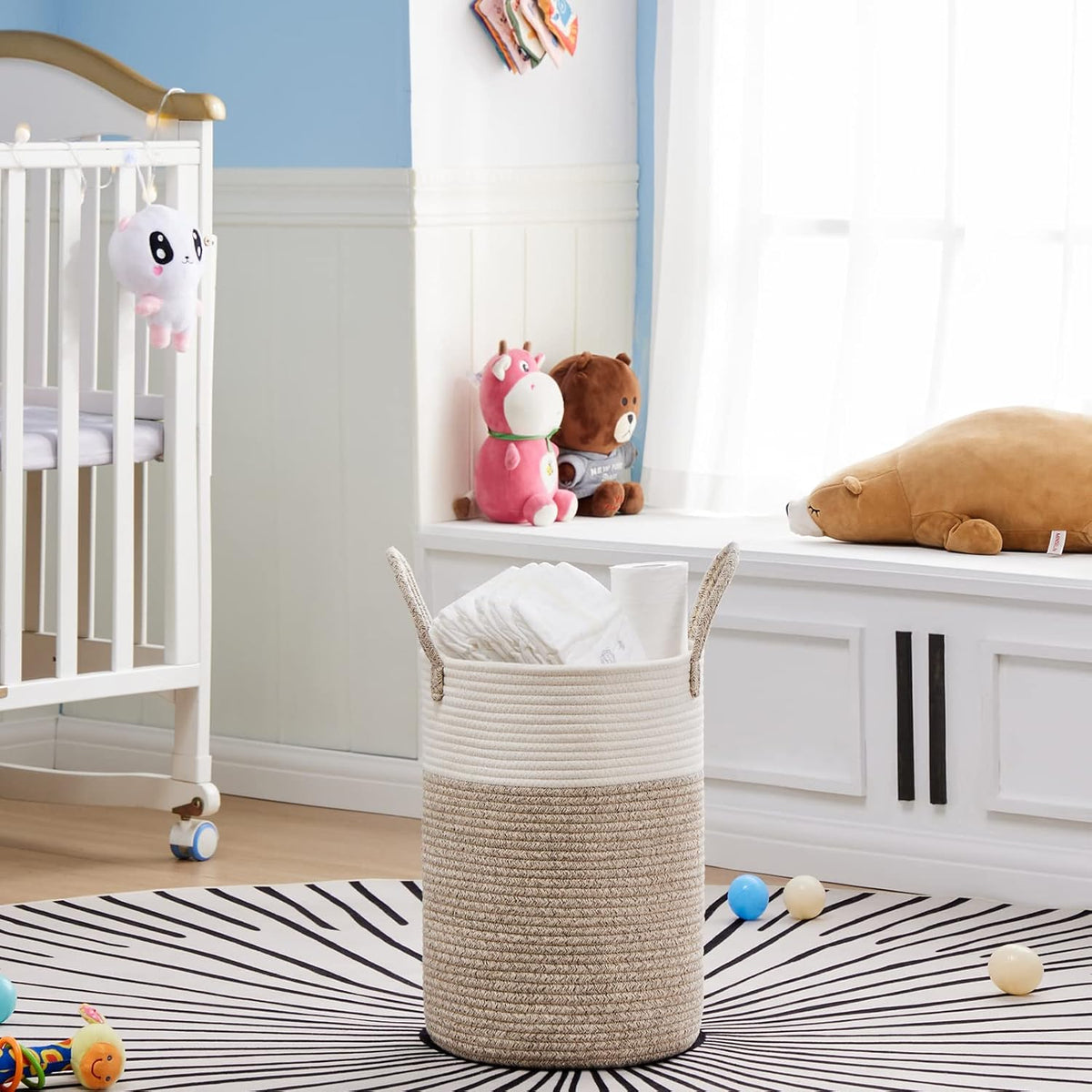 58L Tall Woven Laundry Basket Hamper, White Brown