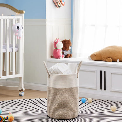 58L Tall Woven Laundry Basket Hamper, White Brown