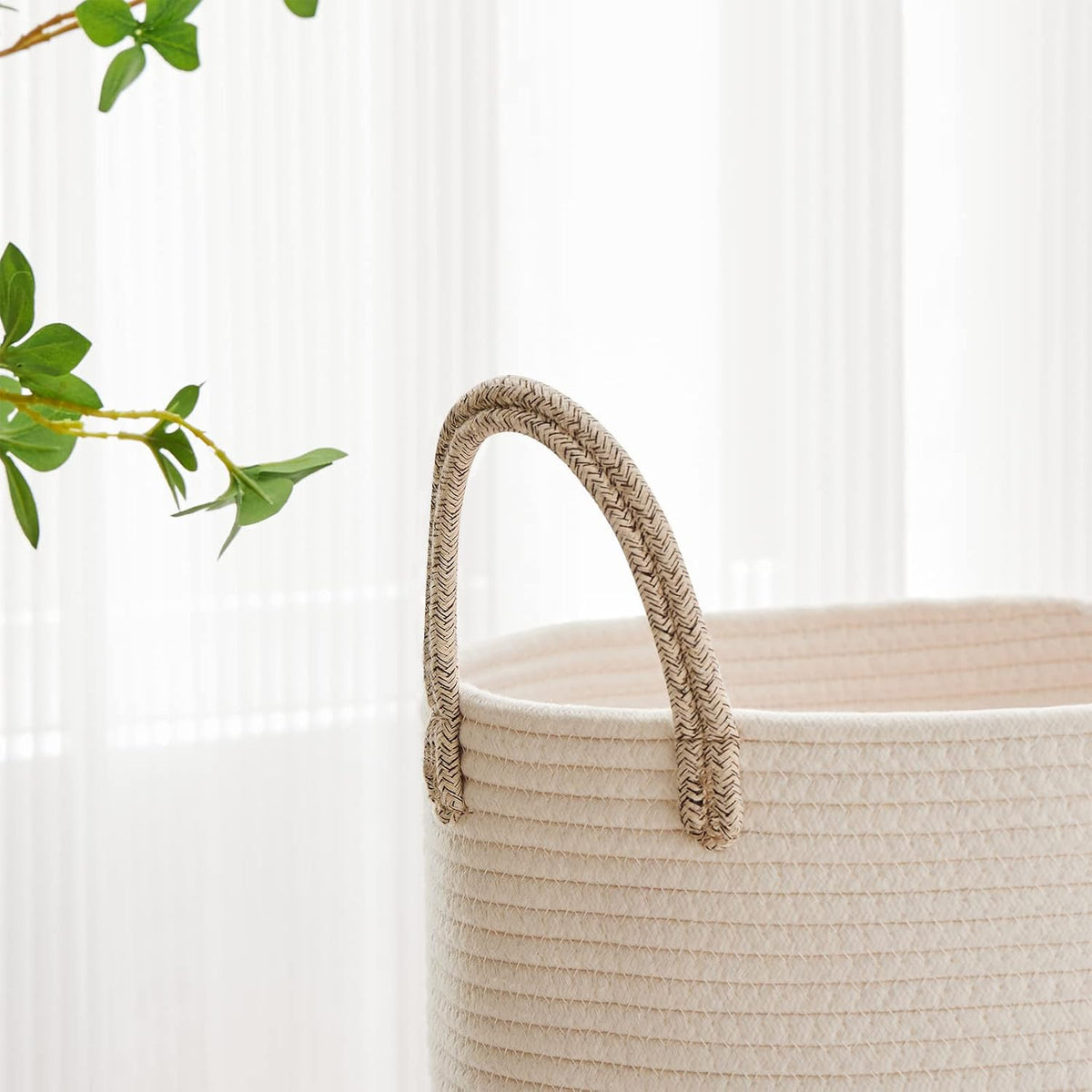58L Tall Woven Laundry Basket Hamper, White Brown