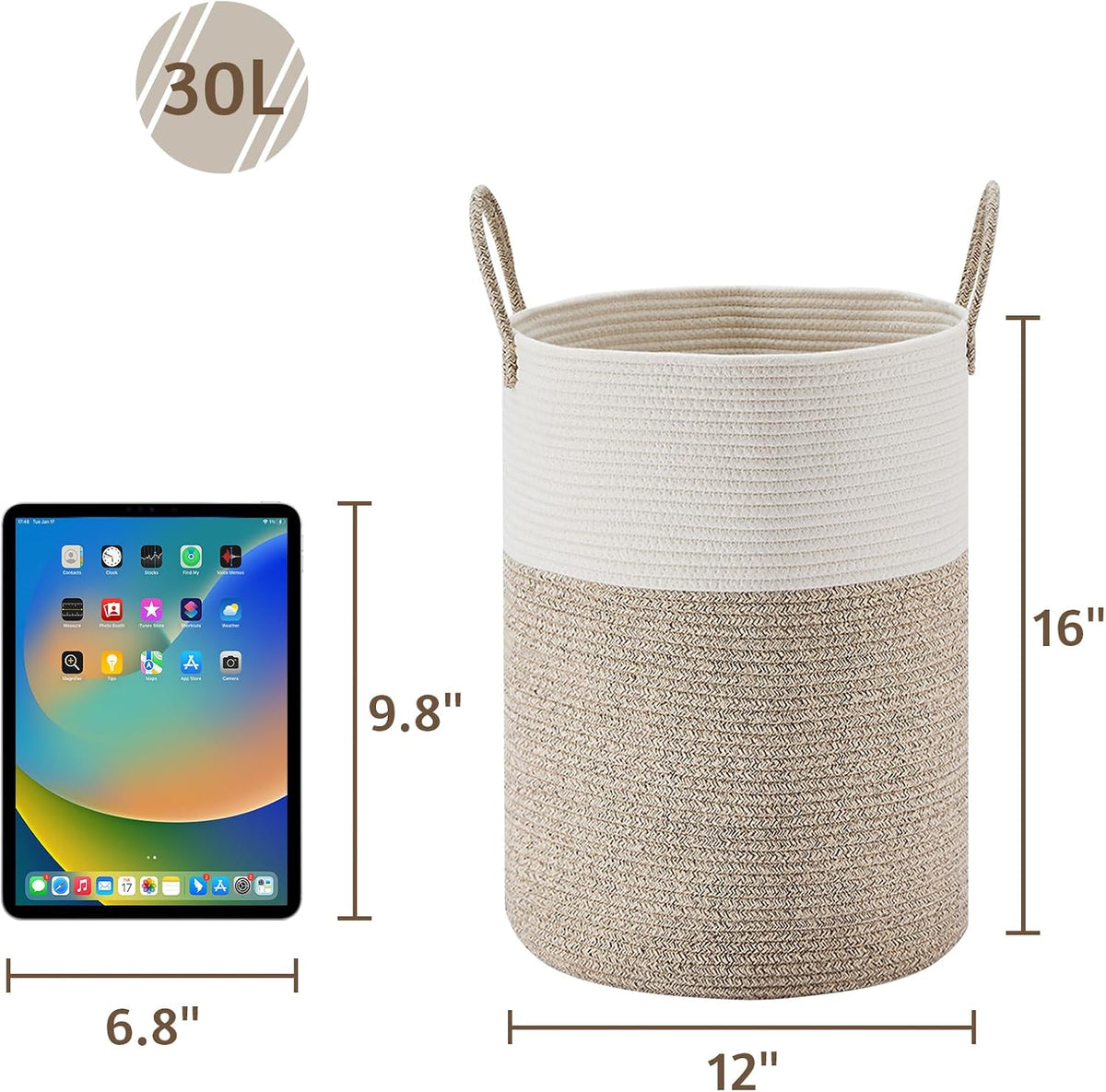 58L Tall Woven Laundry Basket Hamper, White Brown