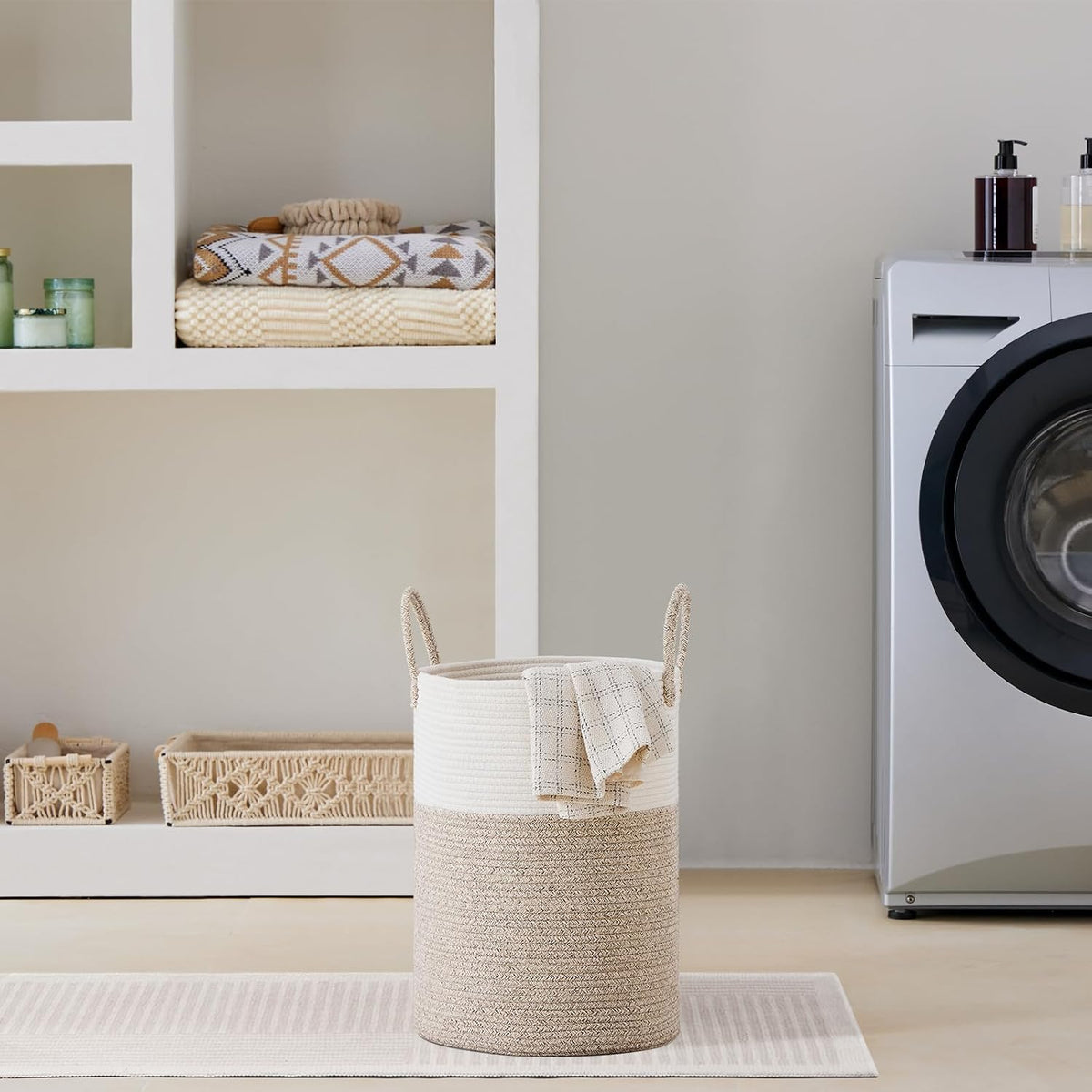 58L Tall Woven Laundry Basket Hamper, White Brown