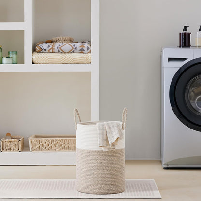 58L Tall Woven Laundry Basket Hamper, White Brown