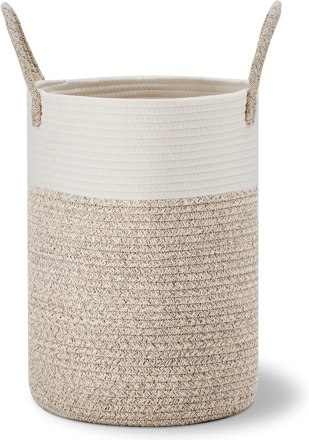 58L Tall Woven Laundry Basket Hamper, White Brown