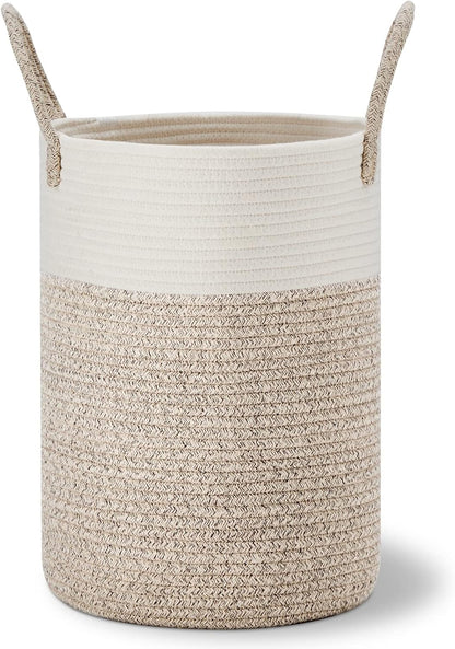 58L Tall Woven Laundry Basket Hamper, White Brown