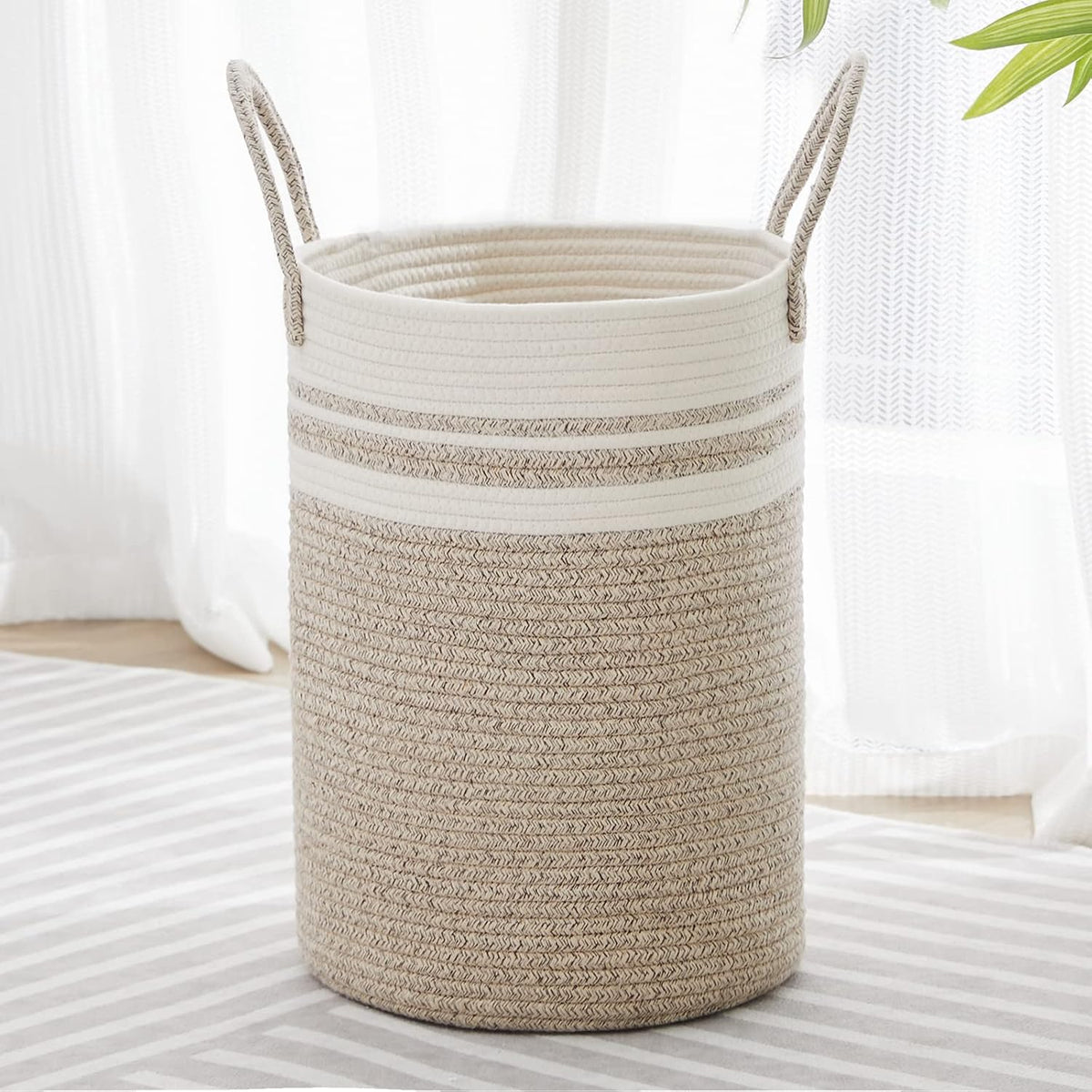 58L Tall Woven Laundry Basket Hamper, White Brown