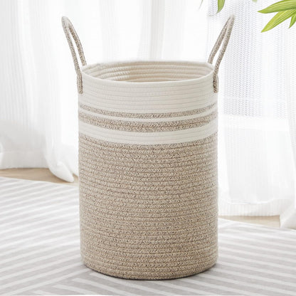 58L Tall Woven Laundry Basket Hamper, White Brown