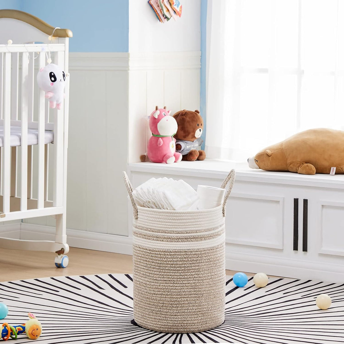 58L Tall Woven Laundry Basket Hamper, White Brown