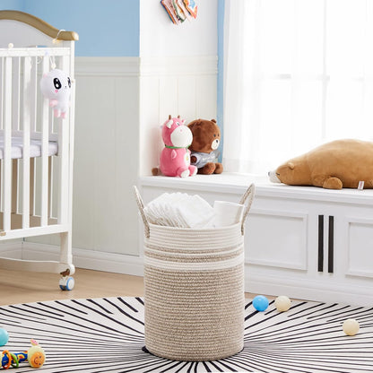 58L Tall Woven Laundry Basket Hamper, White Brown