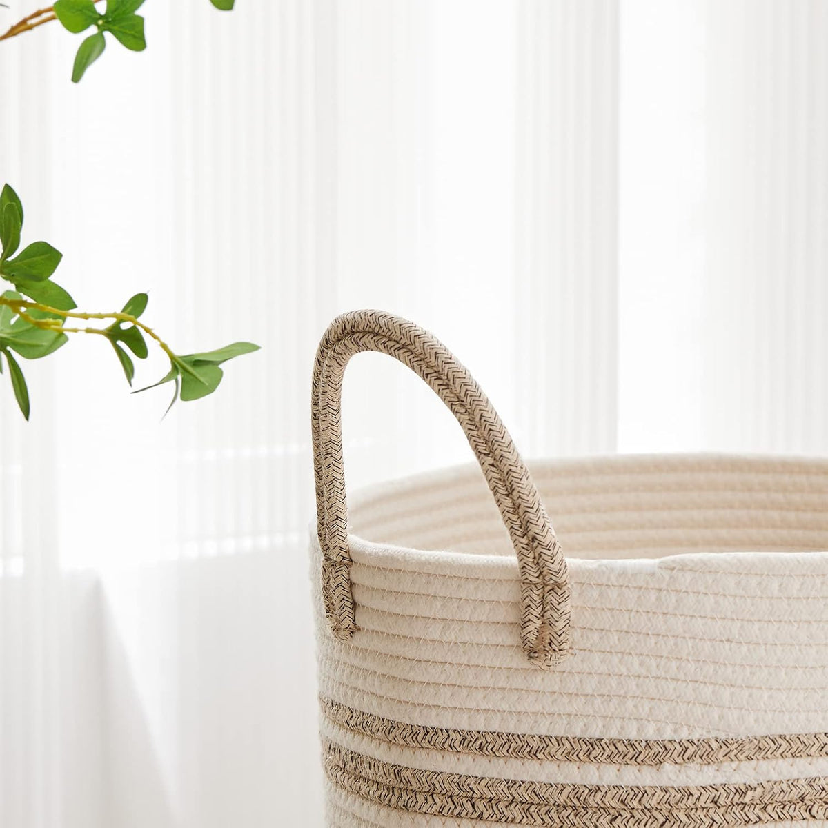 58L Tall Woven Laundry Basket Hamper, White Brown