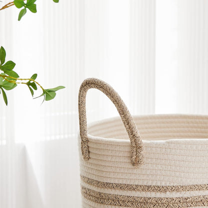 58L Tall Woven Laundry Basket Hamper, White Brown