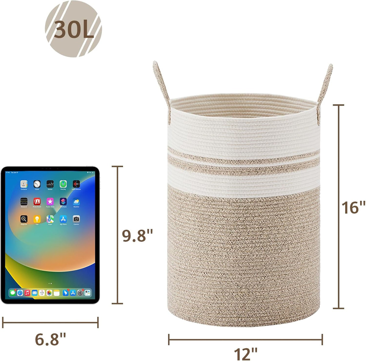 58L Tall Woven Laundry Basket Hamper, White Brown