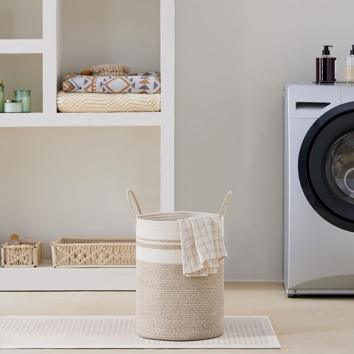 58L Tall Woven Laundry Basket Hamper, White Brown