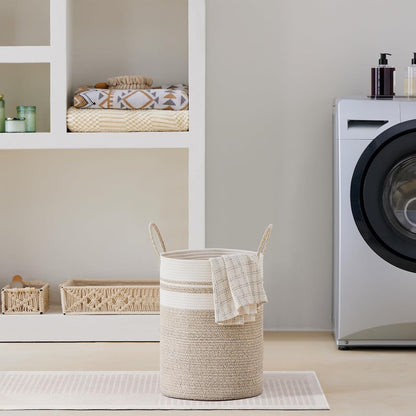58L Tall Woven Laundry Basket Hamper, White Brown