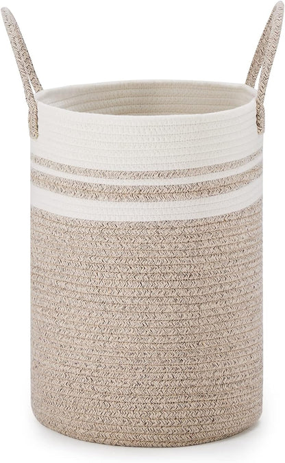 58L Tall Woven Laundry Basket Hamper, White Brown