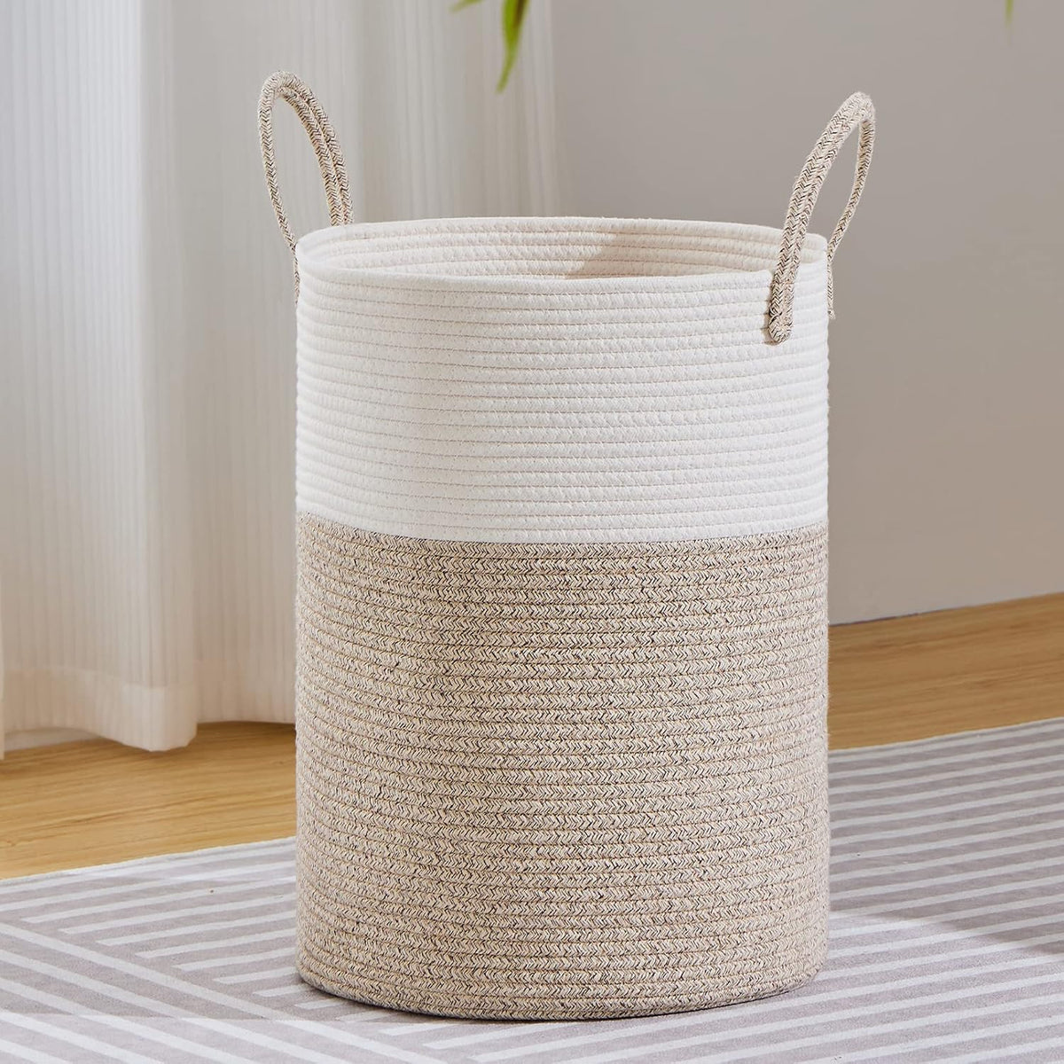 58L Tall Woven Laundry Basket Hamper, White Brown