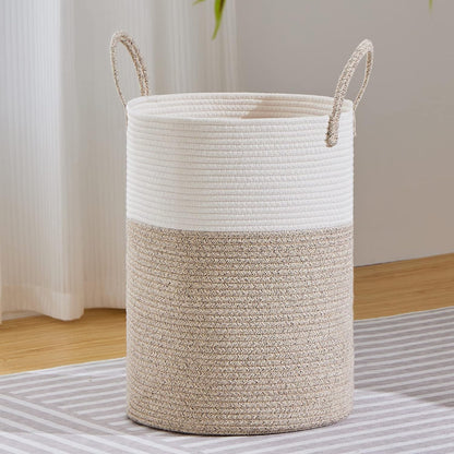 58L Tall Woven Laundry Basket Hamper, White Brown