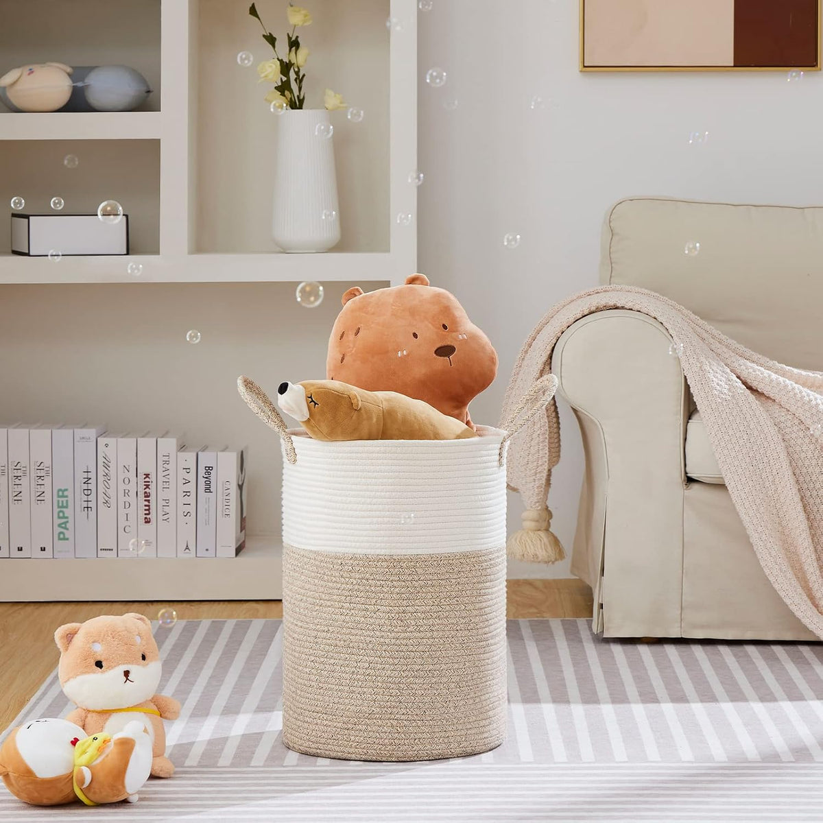 58L Tall Woven Laundry Basket Hamper, White Brown