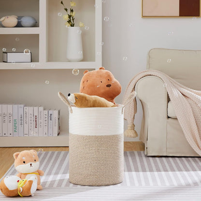 58L Tall Woven Laundry Basket Hamper, White Brown