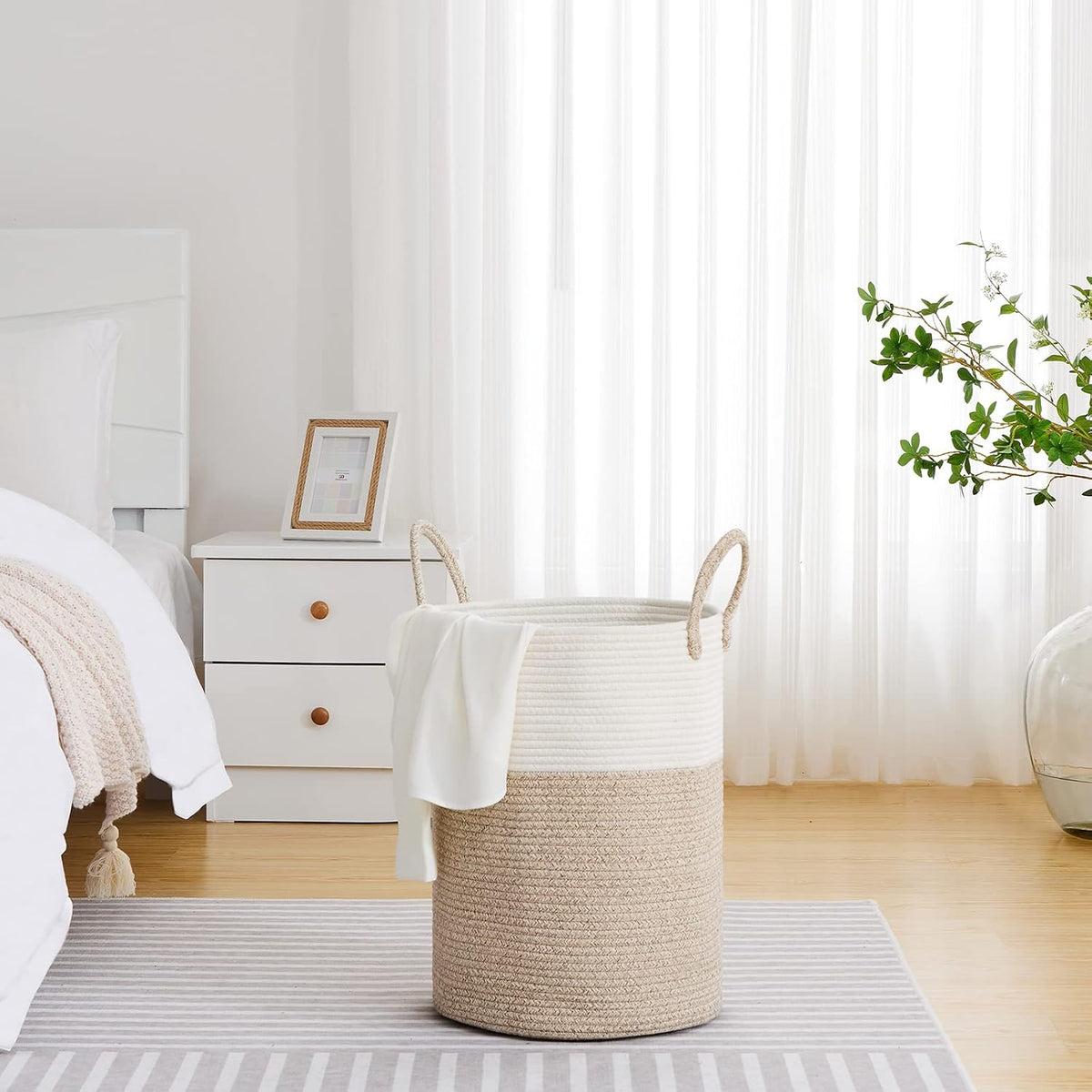 58L Tall Woven Laundry Basket Hamper, White Brown